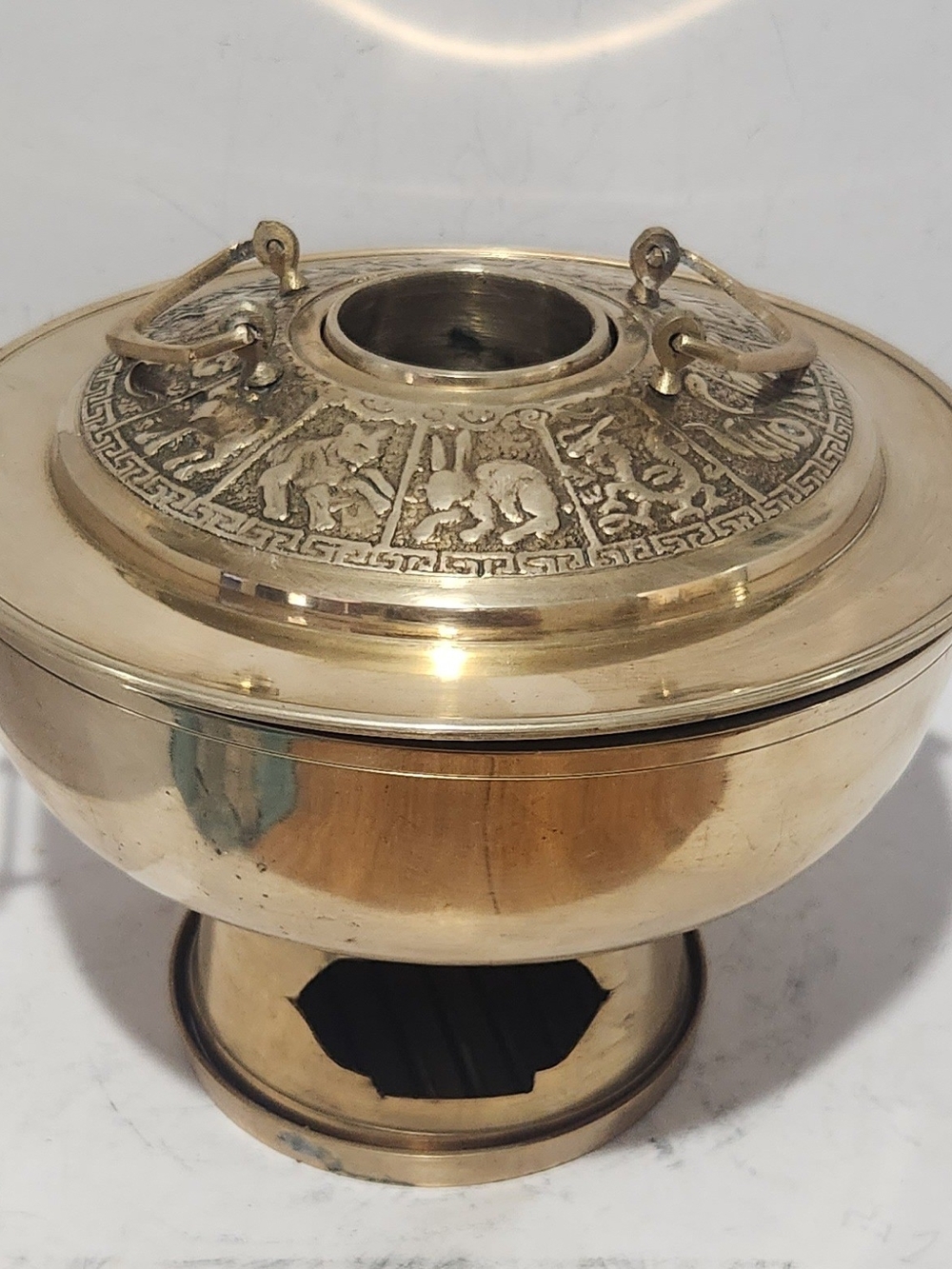 Vintage Korean Brass Hot Pot Sinseollo Chafing Dish 12 Chinese Zodiac Lid 9"x7"